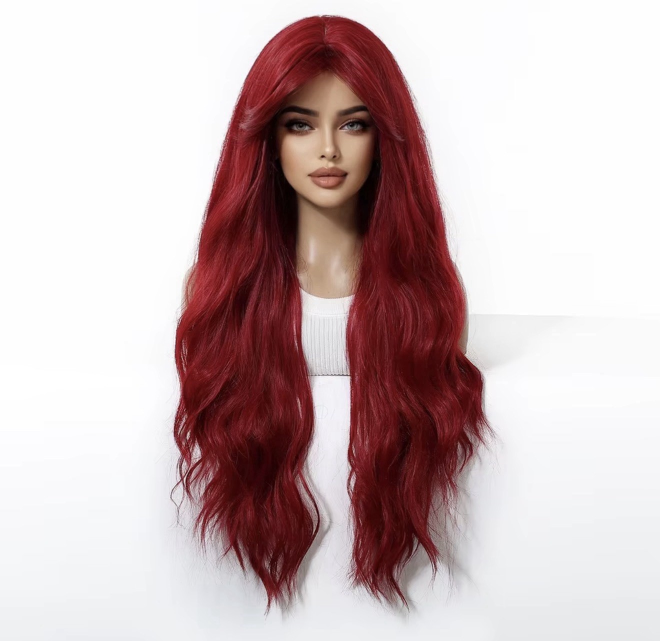 Perruque rouge foncé longue 60cm bouclée aux finitions premium - 3