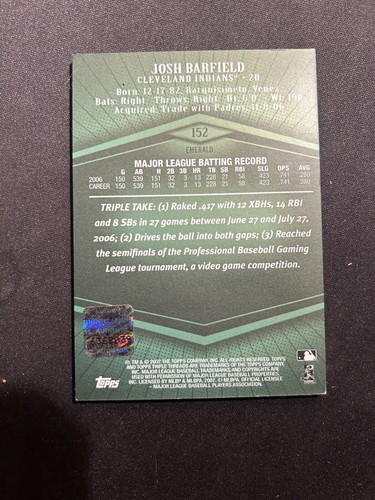 2007 Topps Triple Threads Rising Star Emerald /50 Josh Barfield #152 Auto - Picture 2 of 2