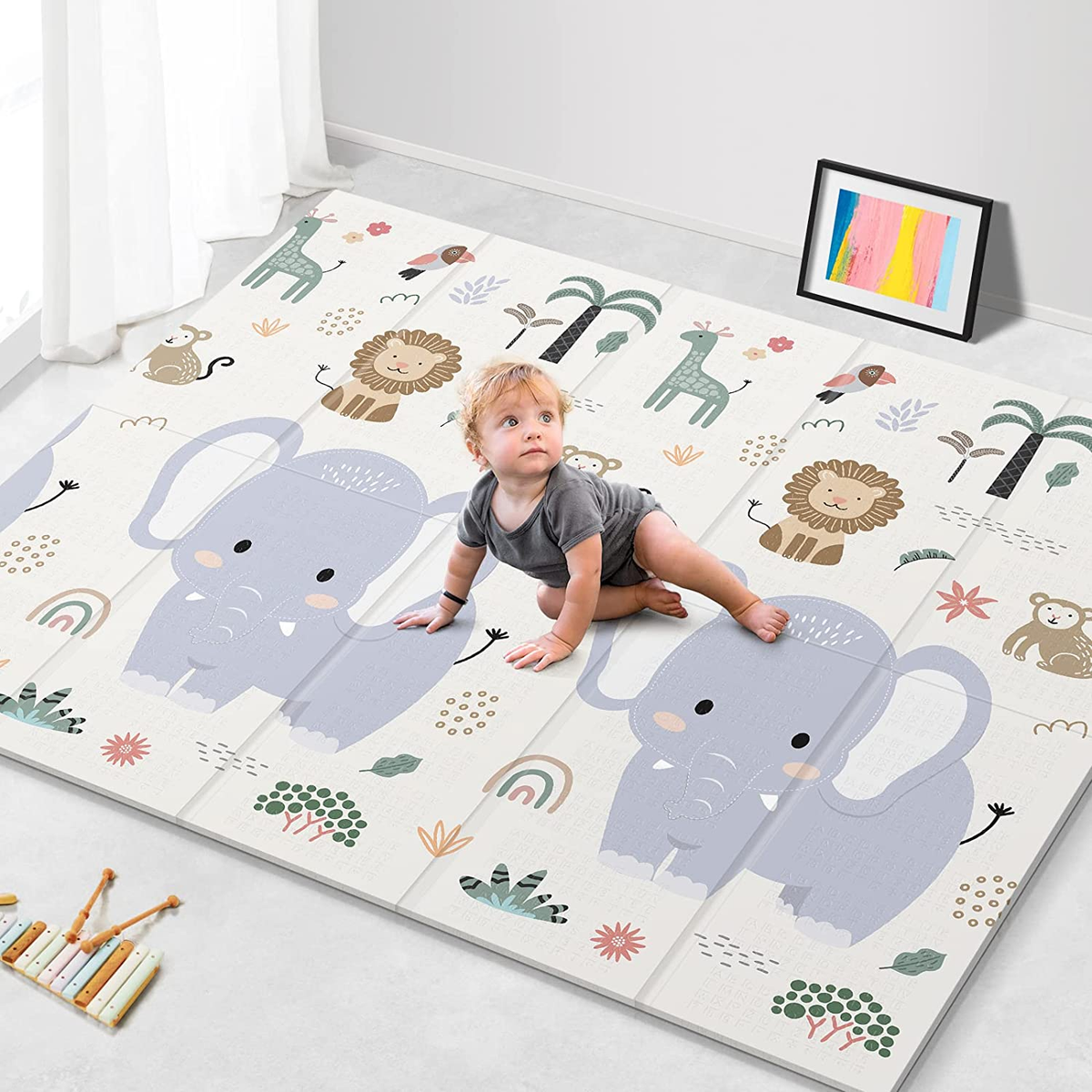 79X71 Foldable Play Mat for Baby, Extra Large Non-Toxic Tummy Time
