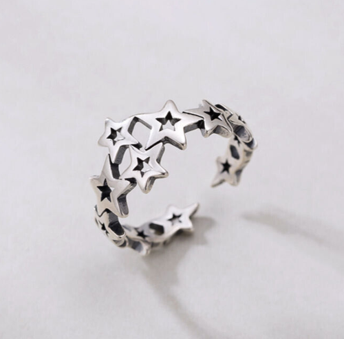 925 Sterling Silver Stars Pattern Simple Adjustable Ring Mens Womens ...