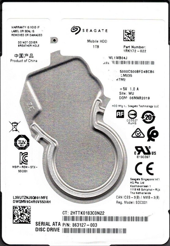 ST1000LM035 P/N: 1RK172-022 F/W: RTM2 WU WL1 Seagate Mobile HDD