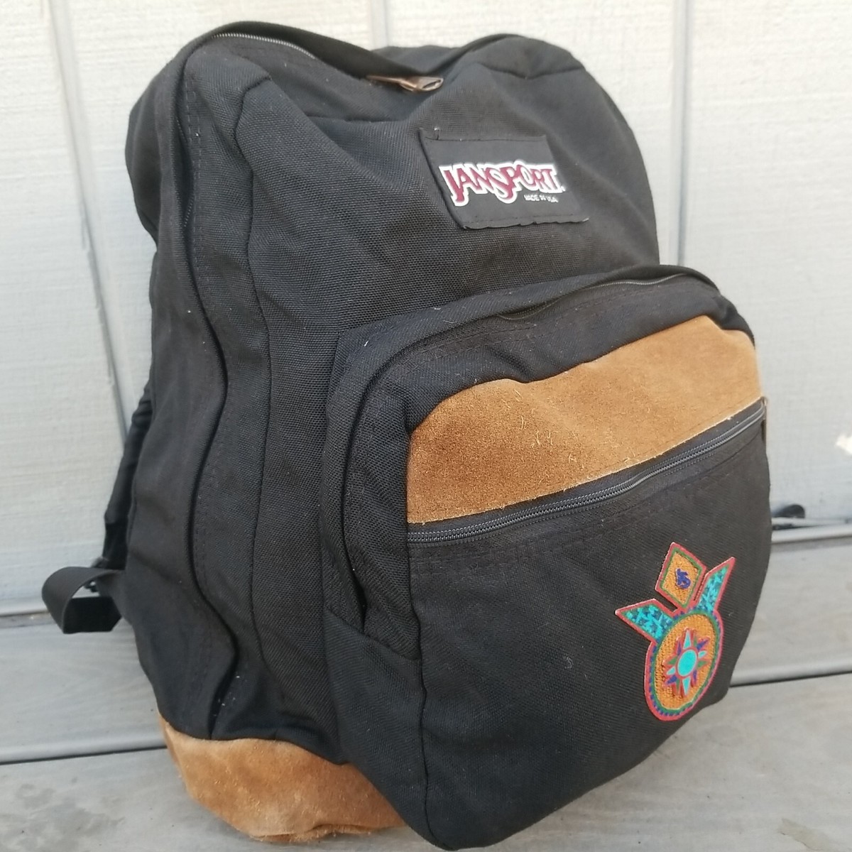 Vtg. Jansport Leather Seude Bottom Backpack USA Black 90's Vtg. Jansport Leather Seude Bottom Backpack USA Black 90's