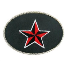Black  Red Embroidered Nautical Star Belt Buckle Faux Leather Silver Metal Rock
