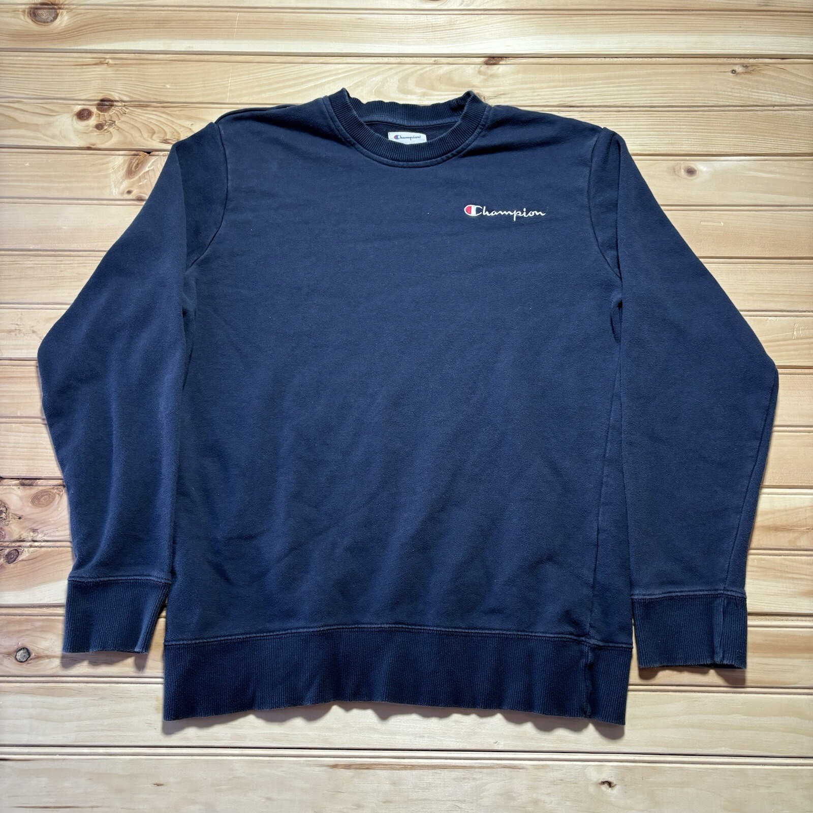 Champion Script Logo Spellout Pullover Crewneck Sweatshirt Size M Navy Blue