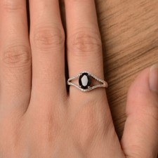 925 Sterling Silver Black Onyx Dainty Ring Natural Oval Cut Gemstone Women Ring