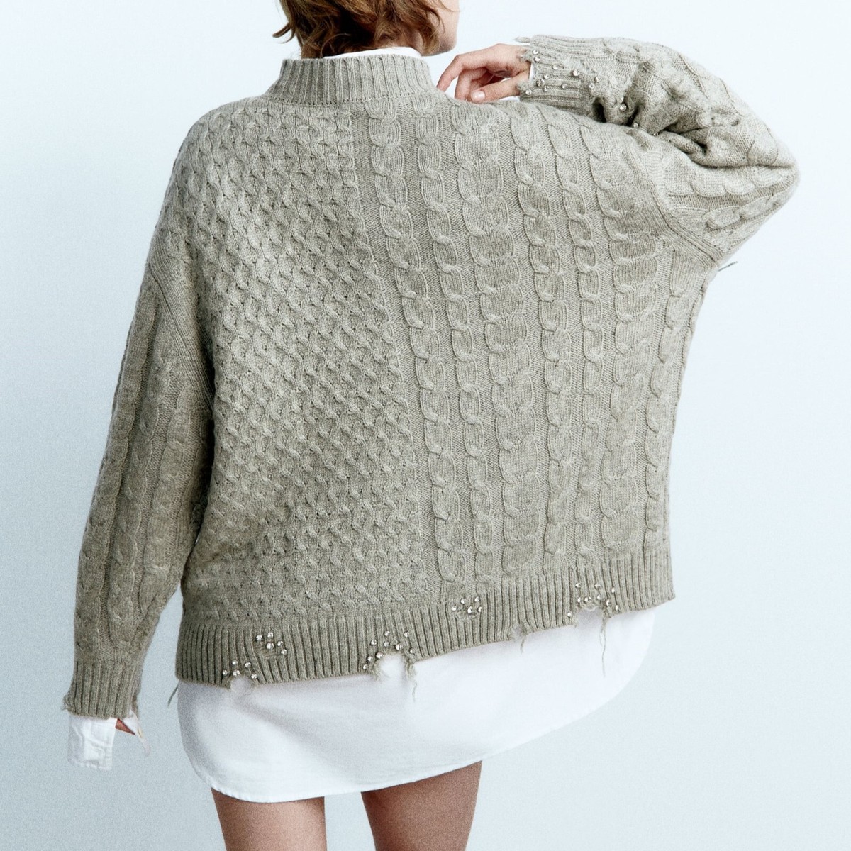 ZARA HIGH NECK RIPPED CABLE KNIT SWEATER WITH STUD REF: 9598