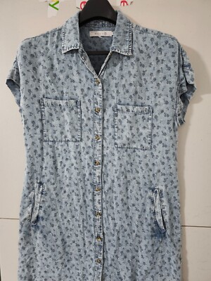 Billy T Dress Womens M Blue Ditsy Shirt Button Up Denim Mini Short Sleeve Floral