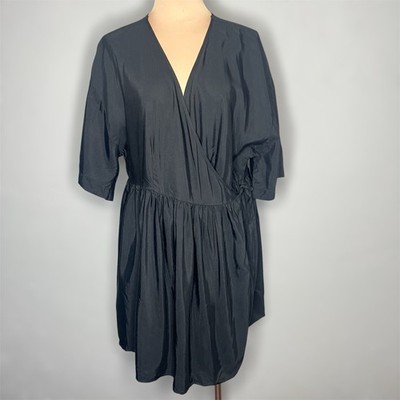 ASOS Design Linen Blend Wrap Dress 12 Womens Black Mini V-Neck Pleated Tie Chic