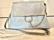 Chloe Faye Large Shoulder Bag Blue Gray Leather Suede Gold Hardware Rare