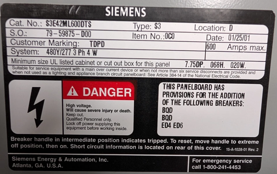 🤪 SIEMENS 600 AMP MAIN BREAKER PANELBOARD 480Y/277 VAC 3Ø 4W S3E42ML600DTS - Image 3 of 4