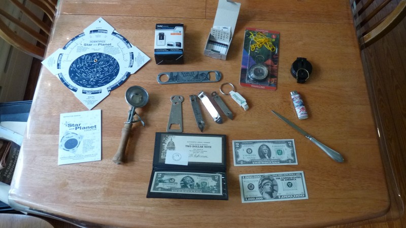Misc Lot Cash Compasses ice cream scoop James Bond lighter Beer can openers more