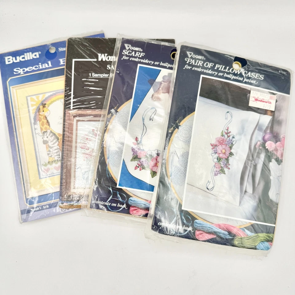 Lote 4 Kits de Bordado Vintage Vogart Bucilla WonderArt Fundas de Almohada Bufanda Muestreador Foto 2 de 4
