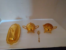 Gold Plated Set, Sugar Bowl with Lid & Spoon, Creamer & Butter Dish