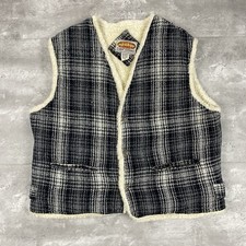 vintage 90s PARAGRAFF VEST Mens M Sherpa Fleece black grey plaid wool blend