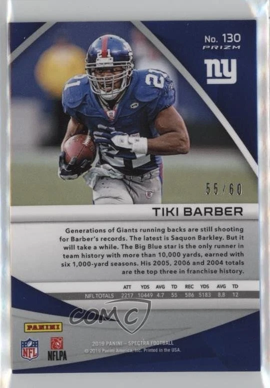 2019 Panini Spectra Neon Blue Prizm /60 Tiki Barber #130 - Image 2 of 2