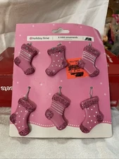 NOS 6 Mini Dollhouse Pink Stocking Ornaments 1inch Each Christmas Tree Decor VTG