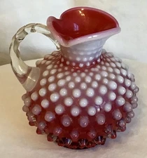 Vintage Fenton art glass cranberry opalescent hobnail handled cruet pitcher