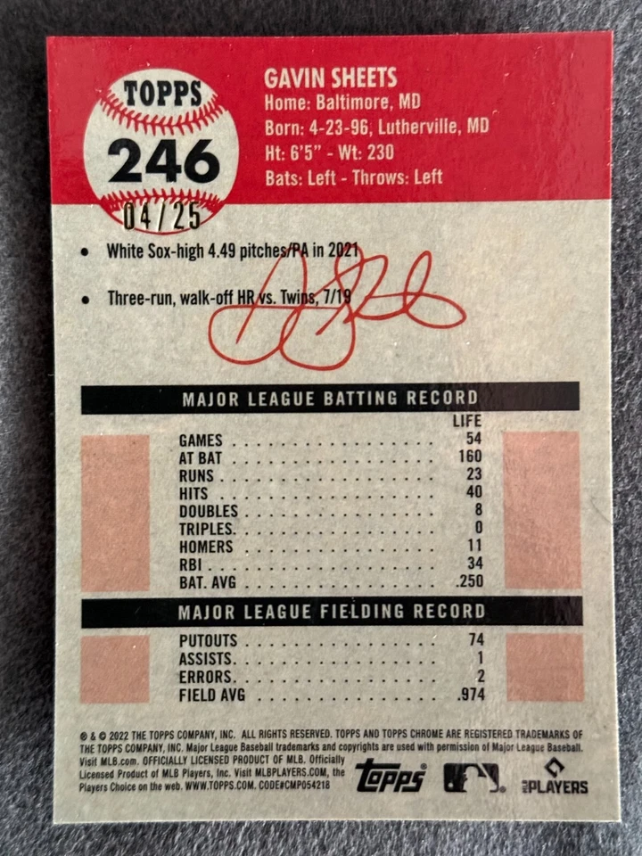 GAVIN SHEETS 2022 TOPPS CHROME PLATINUM*ORANGE REFRACTOR#246 WHITE SOX (RC) 4/25 - Image 2 of 2