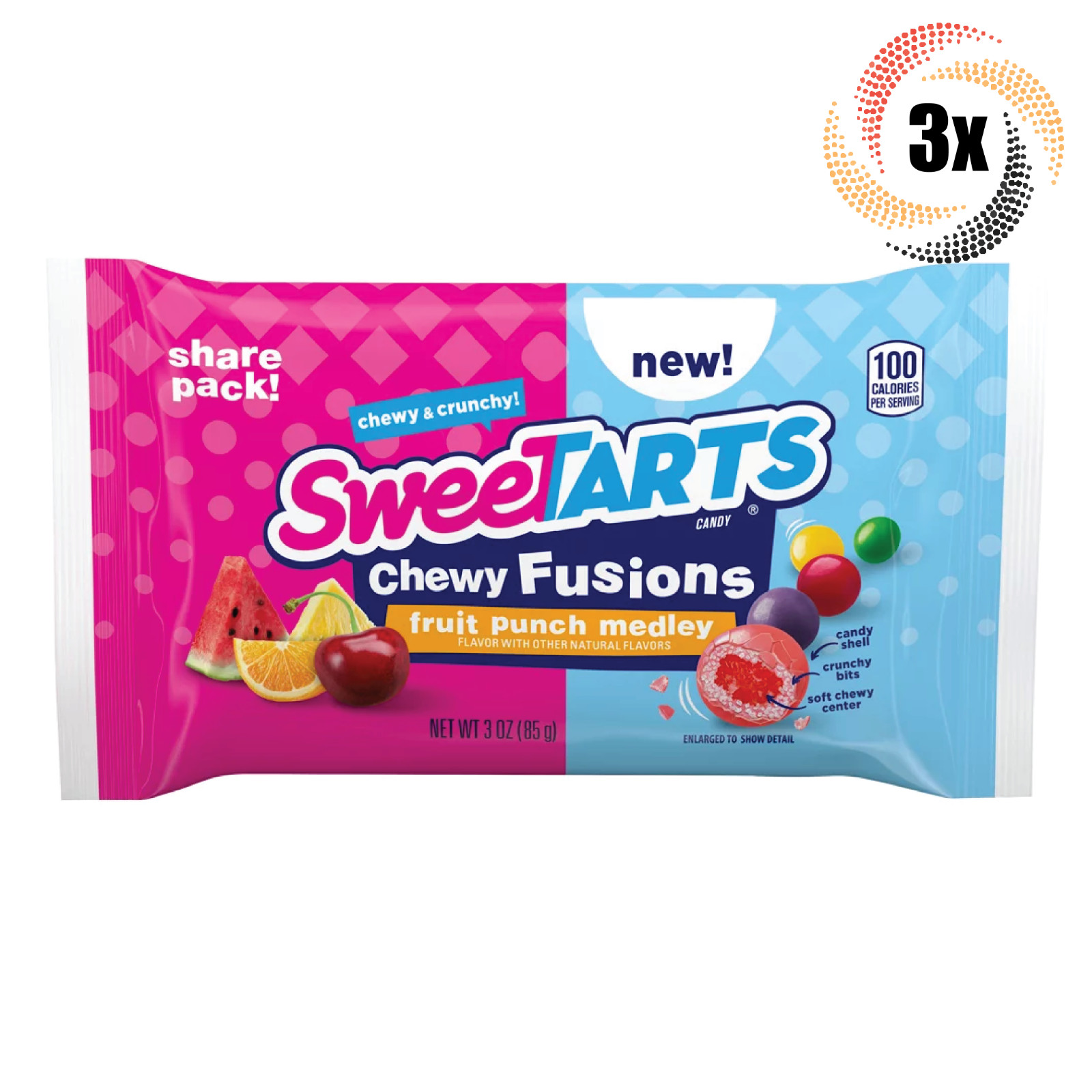 3 пакетика конфет Sweetarts Chewy Fusions Фруктовый пунш-пюре | 3 унции | Жевательные и хрустящие