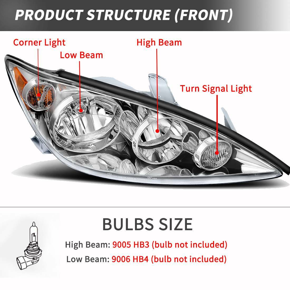 Beamax-9 Chrome Headlight Assembly Set For 2005-2006 Toyota Camry – Amber Corner, DOT/SAE Certified