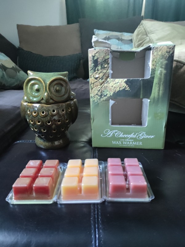 Two Piece Ceramic Wax Warmer Owl Theme * A Cheerful Giver" W/ (3) Wax Cubes *New