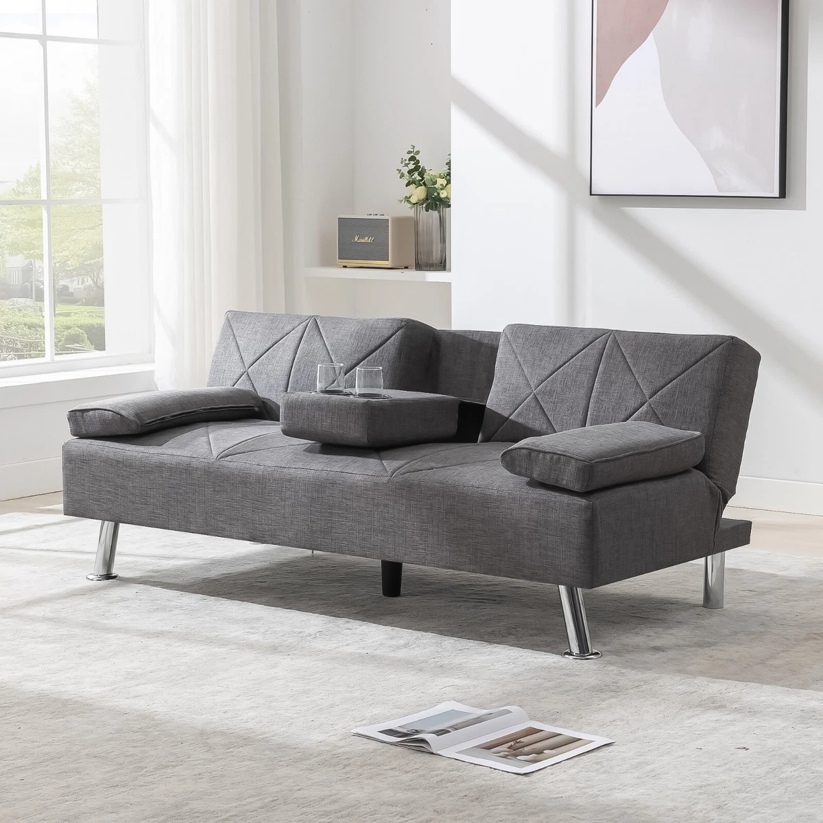 Sleeper Sofa Fold Futon Sofa Bed Linen Couch w Cup Holder Armrests