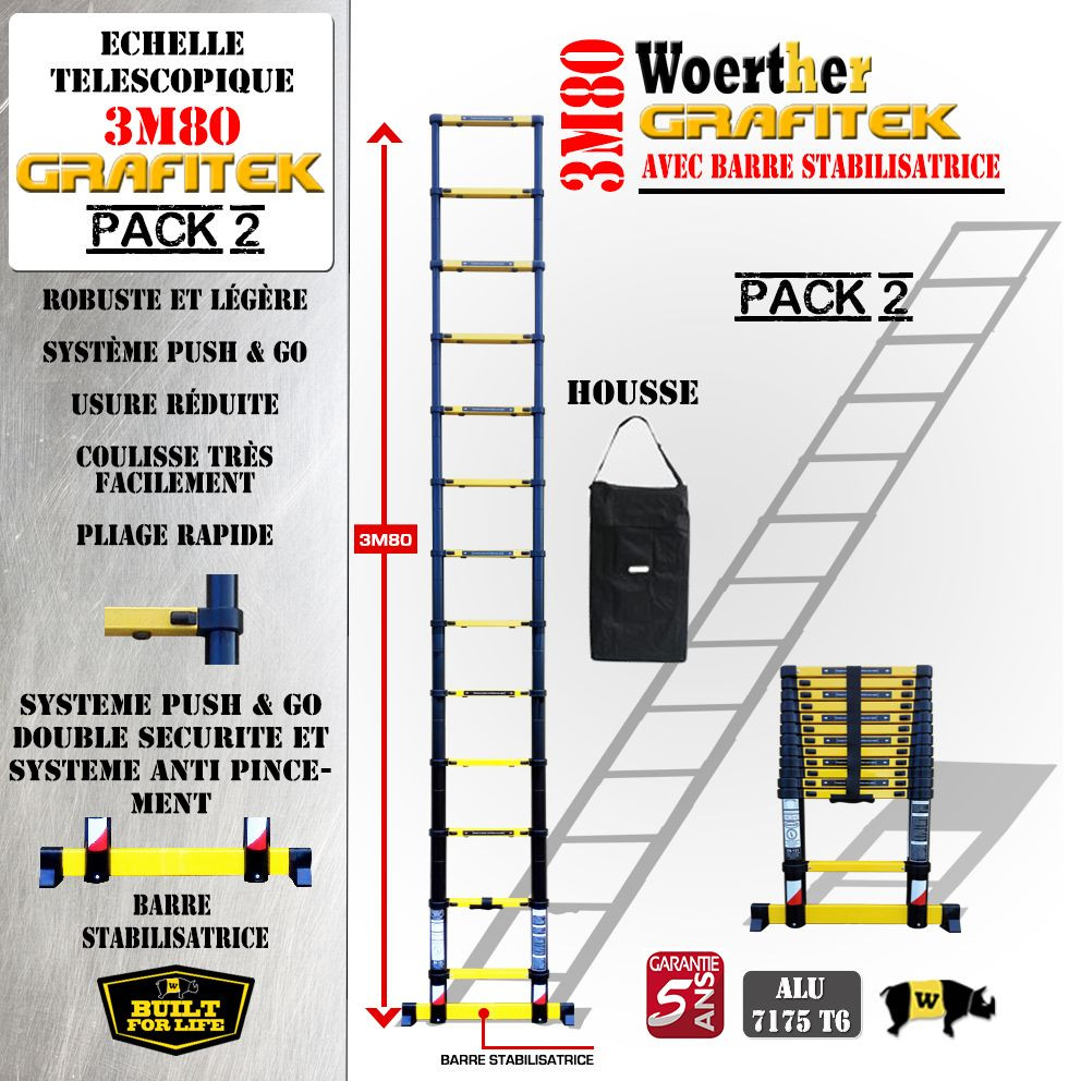 Échelle télescopique Woerther Grafitek 3m80 en carbone avec housse
