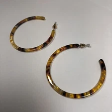 New Gold Tone Tortoise Shell EARRING Lucite Loop Resin Hoop Circle Dangle