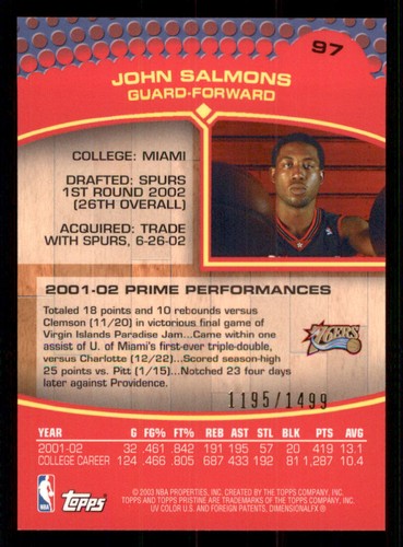 2002-03 Topps Pristine #97 John Salmons U /1499 - Picture 2 of 2