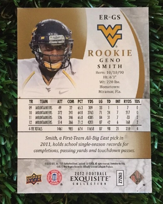 2012 UD EXQUISITE GENO SMITH  ROOKIE CARD BASE RC #/175 WEST VIRGINIA - Image 3 of 3