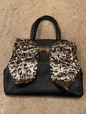 Betsey Johnson Black PVC Satchel Bag Cheetah Sequin Bow Preowned Good Condition