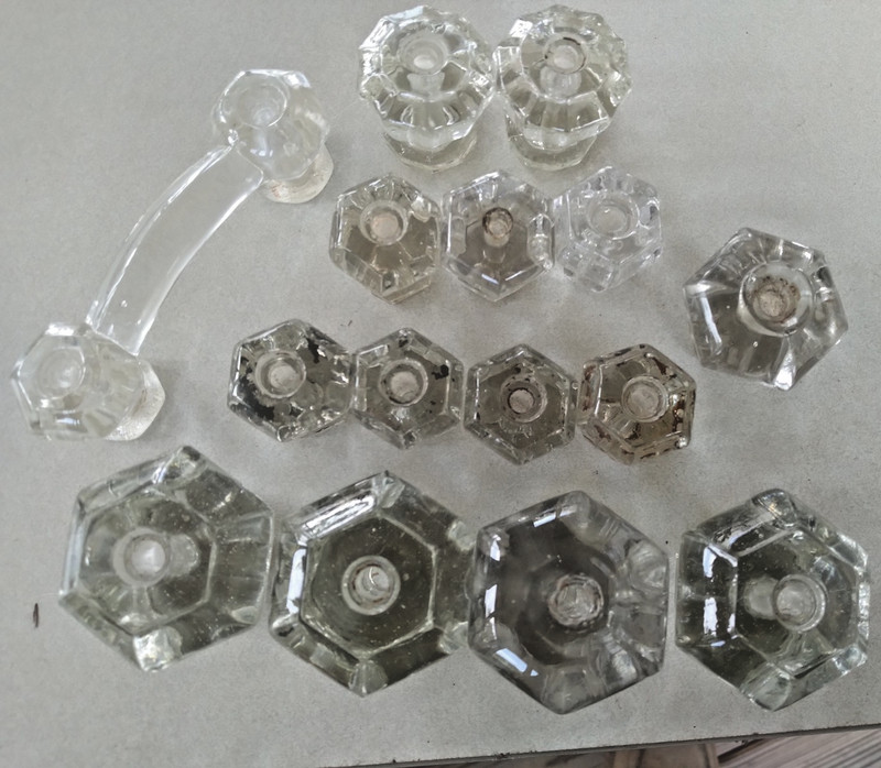 Lot of 15 Clear Octagonal Glass Chest Door or Drawer Knobs , Salvage Hardware