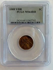 1909 VDB LINCOLN WHEAT CENT PCGS MS64 RB NICE COLOR