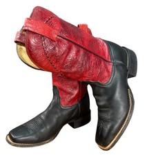 Vtg USA Made Tony Lama Boots Red Embossed Leather Shaft Sqaure Toe Women 7B