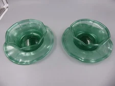 VTG *PAIR HAND BLOWN GREEN GLASS BERRY DESSERT BOWLS &  SAUCERS