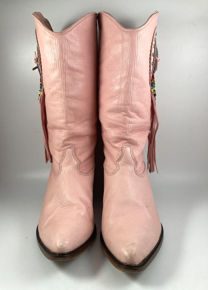 ZODIAC USA VINTAGE PINK LEATHER FRINGE BEADS COWBOY BOOTS 5 - Image 2 of 4