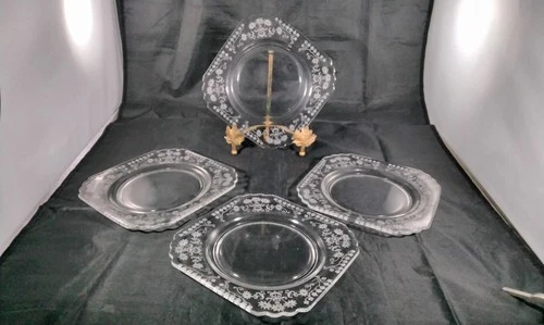 SET (4) VINTAGE Clear DEPRESSION GLASS SALAD PLATES FLORENTINE POPPY 7in