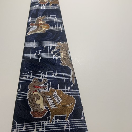 Renaissance Necktie Dark Blue With Music And Alligator Theme 57in Length/ 4in W - Picture 5 of 6