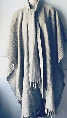 luxuriöser langer grauer Poncho aus 100% Wolle Fransen mit Schal Webdecke Große XL
