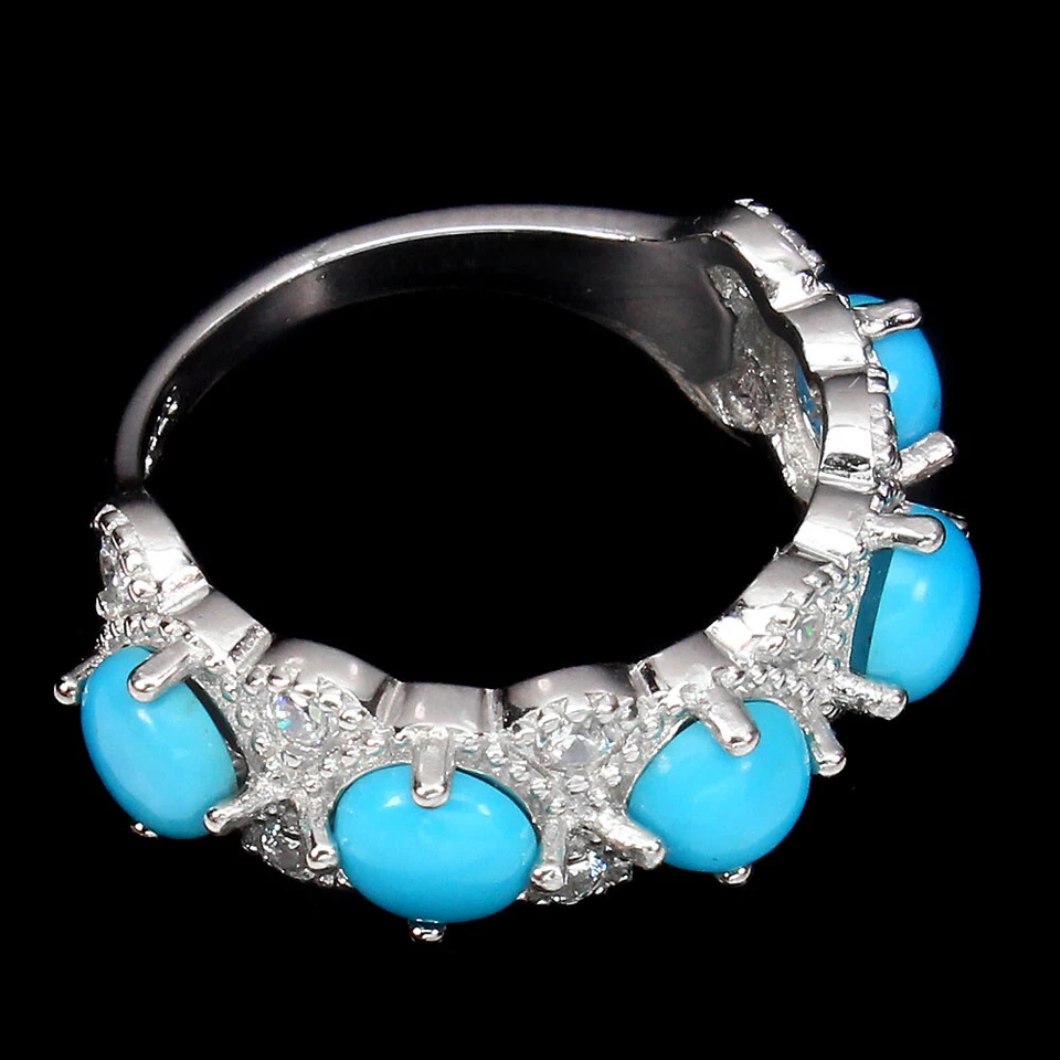 925 Anello Argento Sterling Rotondo Blu Turchese 5mm Cz Gemma Gioielli Misura 6 - Immagine 3 di 4