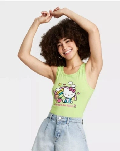 Sanrio HELLO KITTY NEW♈Juniors Printed Crop Tank top size XL~Green Glow - Picture 1 of 5