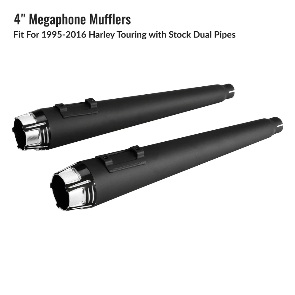 Silenciadores de megáfono sin cordones de 4" tubos de escape aptos para Harley 1995-2016 Road Glide Foto 2 de 4