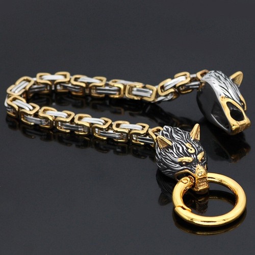 Bracciale Uomo Acciaio Lupo Acciaio Inox Celtico Fenrir Catena Vichinga Braccialetto - Foto 12 di 13