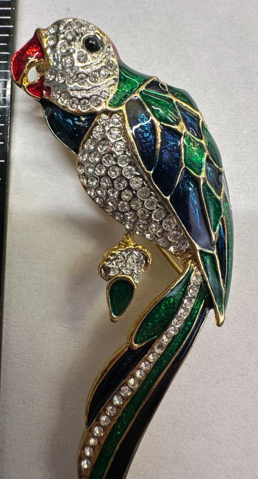 Bird Parrot Enamel Clear Pave Rhinestone Vintage Pin Brooch Gold J-045