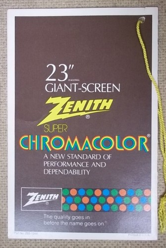 Zenith Manual Instructions and Tag for Chromacolor TV 202-3668 Vintage - Picture 8 of 8