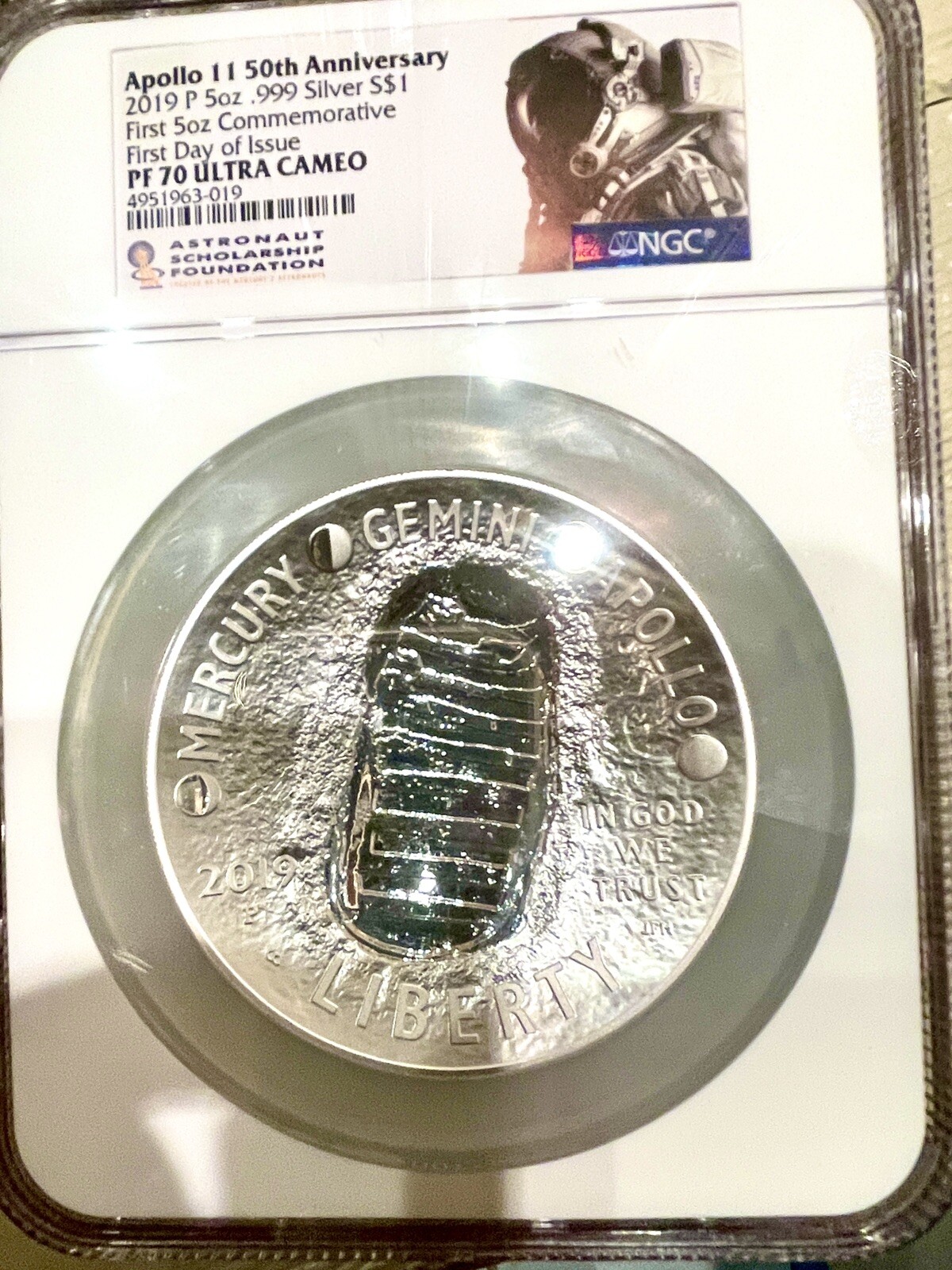 2019-P Proof $1 Apollo 11 50th Ann 5oz. Silver Dollar NGC PF70 1st day ...