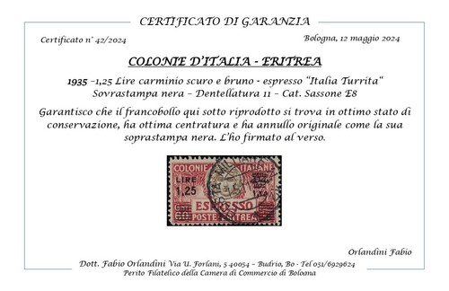1927 1935 colonie Eritrea Espressi sovrastampa nera dent. 11 usato E8 cert - Picture 2 of 2