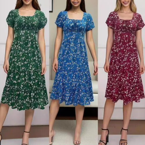 Women Summer A-line Dress Square Neck Puff Sleeve Floral Beach Dress Fashion