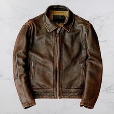 Men?s Motorcycle Vintage Cafe Racer Distressed Brown Biker Real Leather Jacket