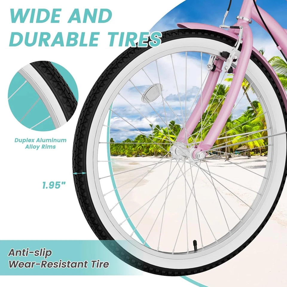 H&ZT 24/26 Inch Beach Cruiser Bike 7 Speed City Bike Commuter Bicycle Men Women - Image 3 of 4